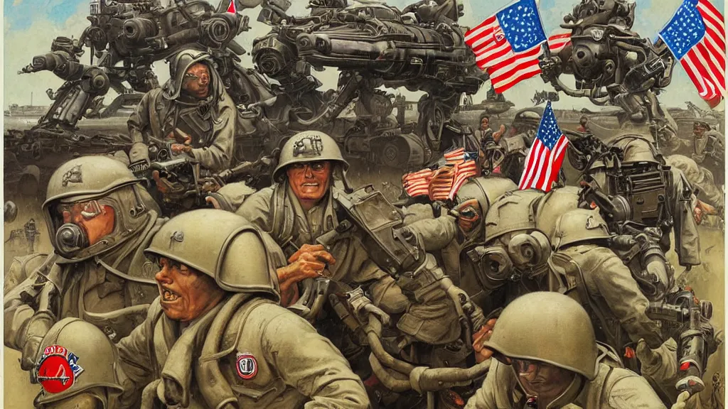 Prompt: American battle mechs of WWII in the style of Norman Rockwell, sci-fi illustrations, propaganda poster, highly detailed, intricate, photorealistic, award-winning, patriotic, american, dark, gritty, oil painting