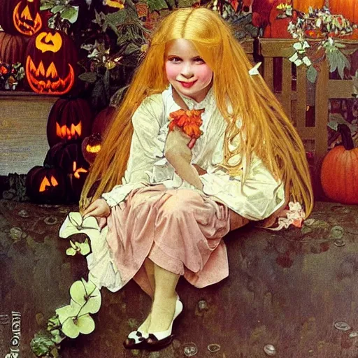 Image similar to a happy little girl with long straight golden blonde hair sitting amidst halloween decor, skulls and pumpkins. beautiful highly detailed face, beautiful painting by alphonse mucha and norman rockwell