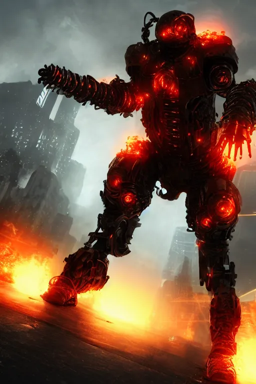 Image similar to Cybernetic Flame Armor, fantasy, photorealistic, glowing eyes, 4k, cinematic lighting, explosive, destroyed cityscape, powerful, bossfight