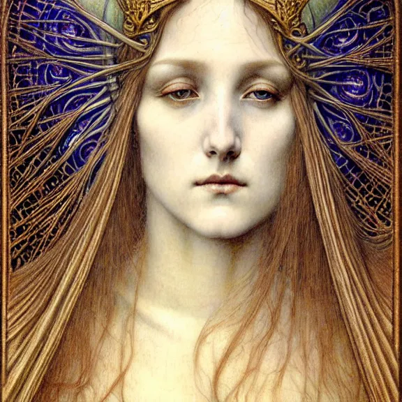 Image similar to detailed realistic beautiful young medieval queen face portrait by jean delville, gustave dore and marco mazzoni, art nouveau, symbolist, visionary, gothic, pre - raphaelite. horizontal symmetry