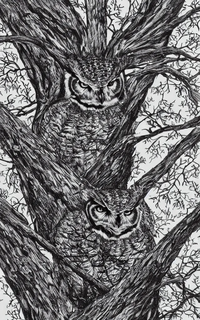 Prompt: hyperrealist nature photograph of a great horned owl in a tree, high contrast wood engraving, kentaro miura manga style, shocking detail trending on artstation 8 k