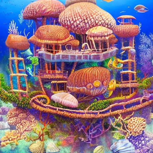 Image similar to underwater architecture treehouse style mansion made of seashells and coral on reef background with sunshine rays from above detailed oil painting 4 k