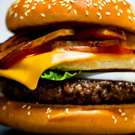 Prompt: closeup photo of most delicious cheeseburger