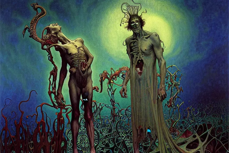 Prompt: realistic detailed portrait painting of a beautiful male zombie, nightly graveyard landscape background by Jean Delville, Amano, Yves Tanguy, Alphonse Mucha, Ernst Haeckel, Edward Robert Hughes, Roger Dean, masterpiece, cinematic composition, dramatic pose, 4k details, rich moody colours, blue eyes