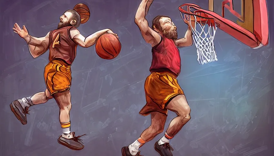 Image similar to a dwarf is dunking a basketball, digital art, highly detailed, realistic, bright colors, 8 k