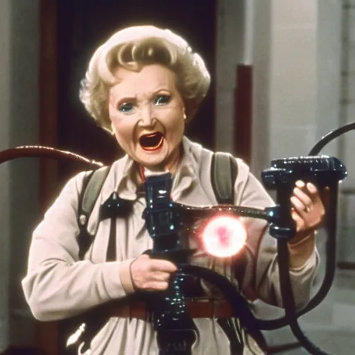 Image similar to stunning awe inspiring betty white as a ghostbuster in the movie ghostbusters, movie still 8 k hdr atmospheric lighting