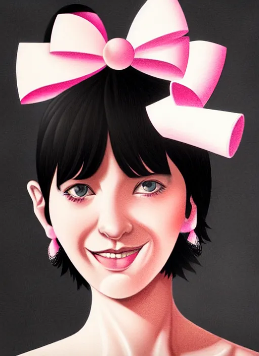 Image similar to portrait of high school girl, realistic, black hair, bangs, half updo hairstyle, pointy nose, skinny, smile, ugly, defined jawline, big chin, pink hair bow, earrings, intricate, elegant, glowing lights, highly detailed, digital painting, artstation, sharp focus, illustration, art by wlop, mars ravelo and greg rutkowski