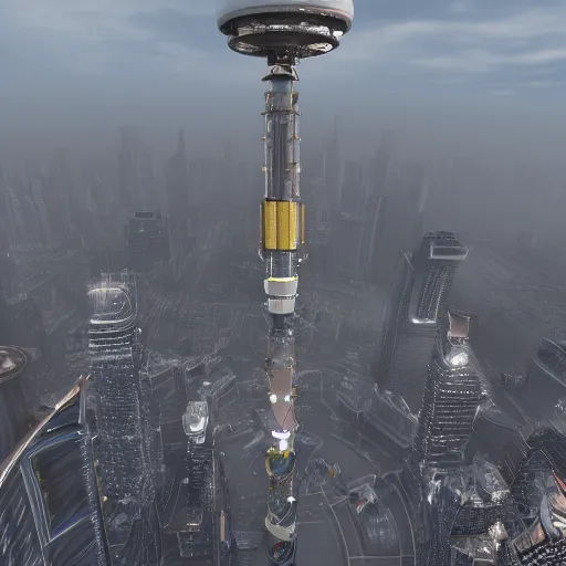 Prompt: a space elevator in the center of a misty metropolis, highly detailed, 8k, sharp focus