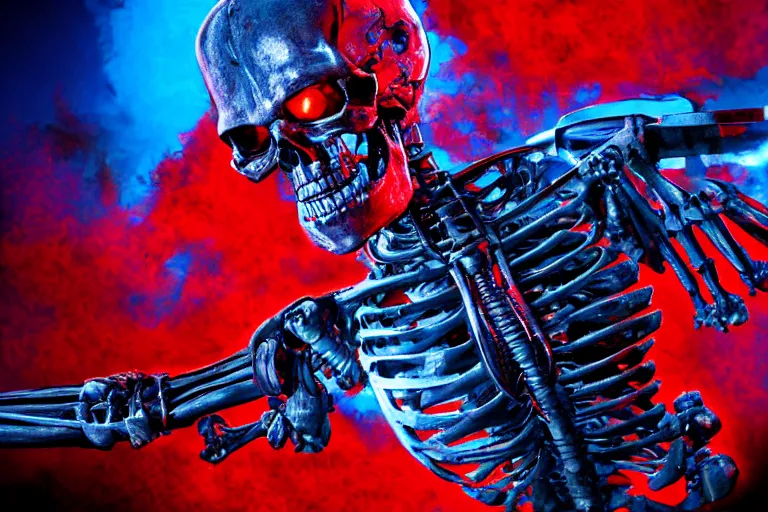 Image similar to terminator skeleton, computers on background. high detail, low saturated red and blue light, cinematic colors
