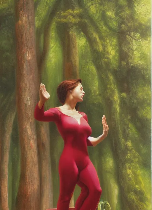 Prompt: single woman praying at a forest alter boris vallejo