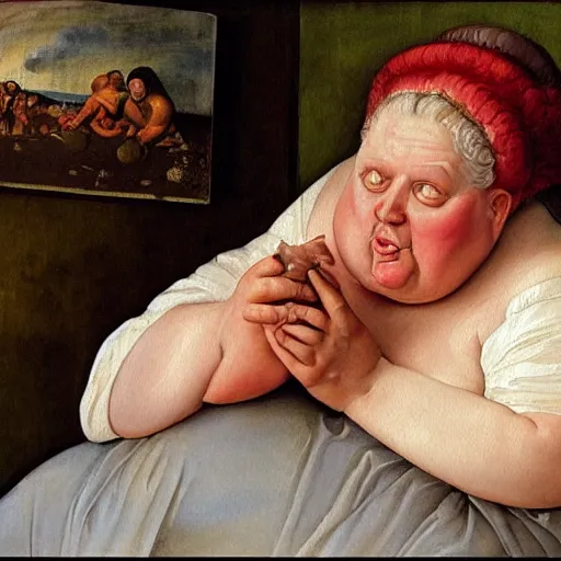 Image similar to of a very funny renaissance style oil painting of a sweet fat old woman kissing herself. symmetrical face, red mouth, blue eyes. a flowered dress. a hyper - realistic scene. 3 d, octane processing, deep focus. a very funny and sweet picture. unreal engine. watercolor. fellini cinematic style. poster quality. freud painting style.