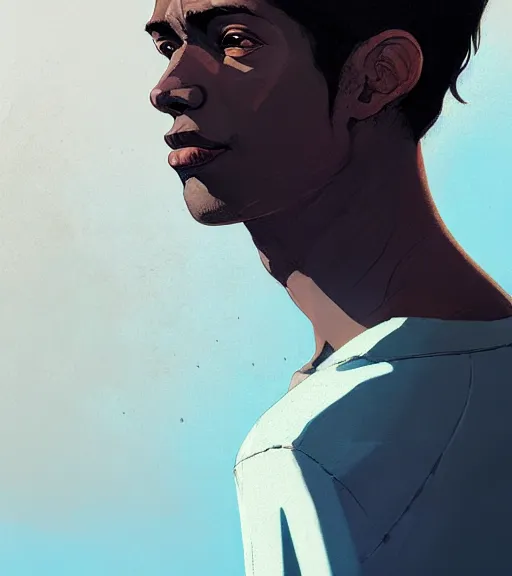 Image similar to portrait of a young man, raised on the island, dark skin, white hair, face tatooes by atey ghailan, by greg rutkowski, by greg tocchini, by james gilleard, by joe fenton, by kaethe butcher, dynamic lighting, gradient light blue, brown, blonde cream and white color scheme, grunge aesthetic