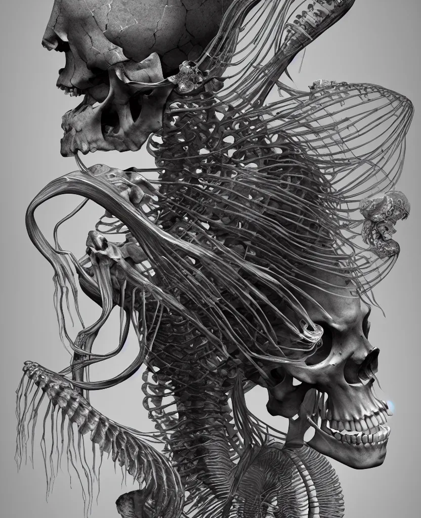 Image similar to goddess close-up portrait human skeleton, ram skull, skeleton, thorax, x-ray, backbone, jellyfish phoenix head, nautilus, orchid, skull, betta fish, bioluminiscent creatures, intricate artwork by Tooth Wu and wlop and beeple. octane render, trending on artstation, greg rutkowski very coherent symmetrical artwork. cinematic, hyper realism, high detail, octane render, 8k