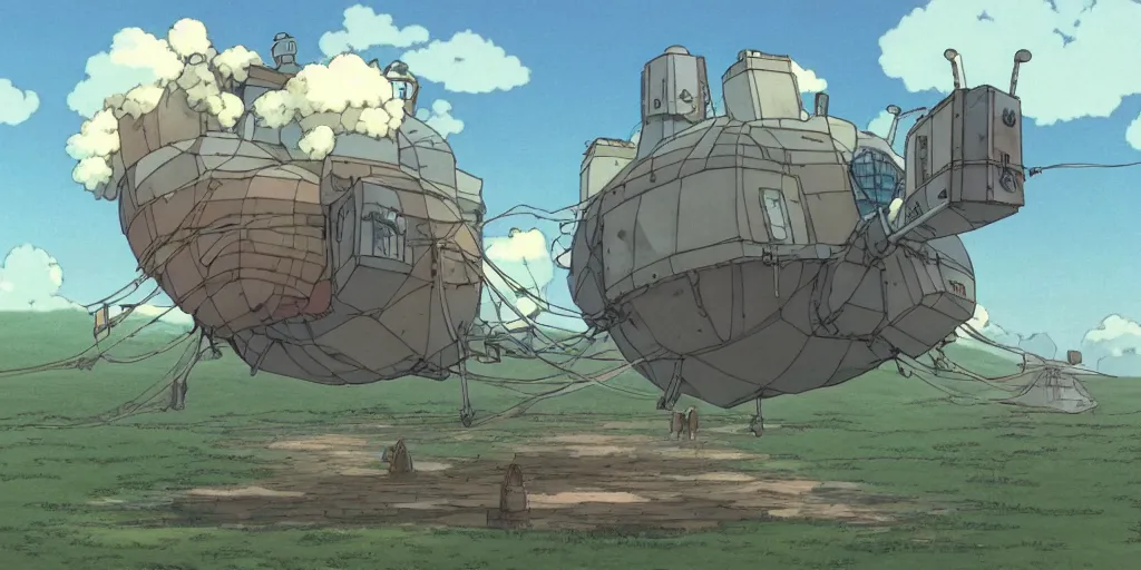 Image similar to a realistic cell - shaded studio ghibli concept art from howl's moving castle ( 2 0 0 4 ) of a floating cube from close encounters of the third kind ( 1 9 7 7 ). very dull colors, hd, 4 k, hq