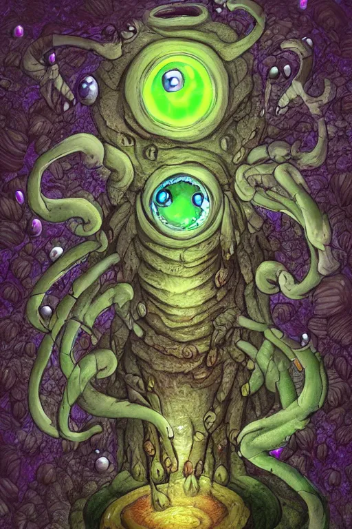 Image similar to a mushroom monster with large glowing eyes, highly detailed, digital art, sharp focus, trending on art station, fungus spores, anime art style