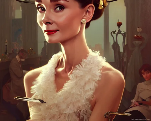 Image similar to photography of audrey hepburn in breakfast at tiffany's, deep focus, intricate, elegant, highly detailed, digital painting, artstation, concept art, matte, sharp focus, illustration, art by artgerm and greg rutkowski and alphonse mucha