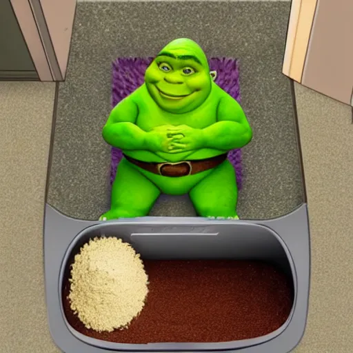 Prompt: shrek poops in a cat litter box