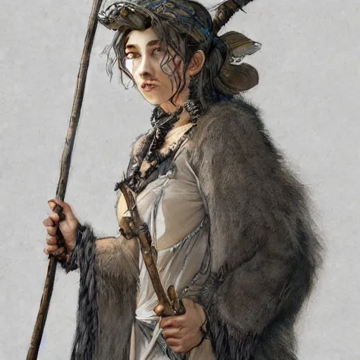 Image similar to detailed picture a woman with gray hear, using dead lion costume jacket, and holding long stick in the style of artgerm and greg rutkowski and alphonse mucha
