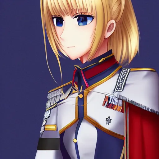 Image similar to full body portrait of saber from fate / stay night as a dictator in full military uniform with way too many medals, highly detailed, trending on artstation, 4 k, drawn by wpl