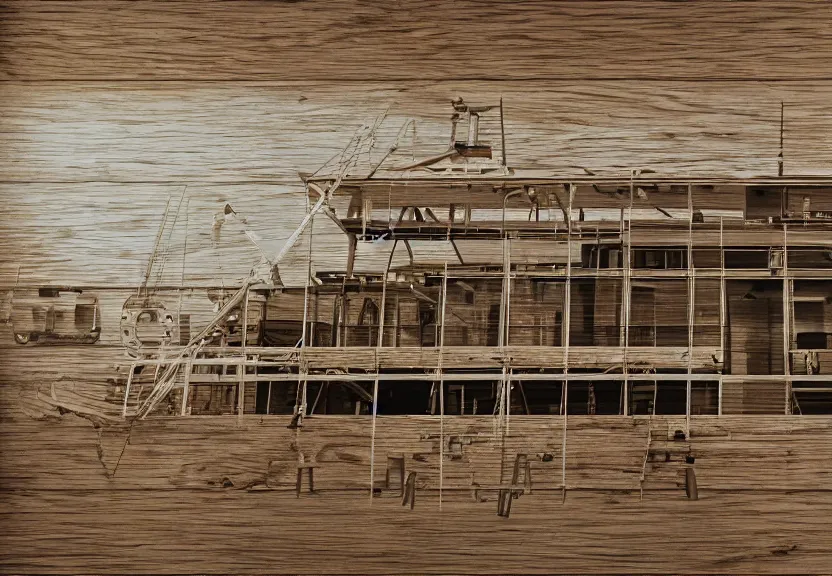 Prompt: a room on a boat being constructed out of water and binary code photo color grainy dream sincerity complex wood