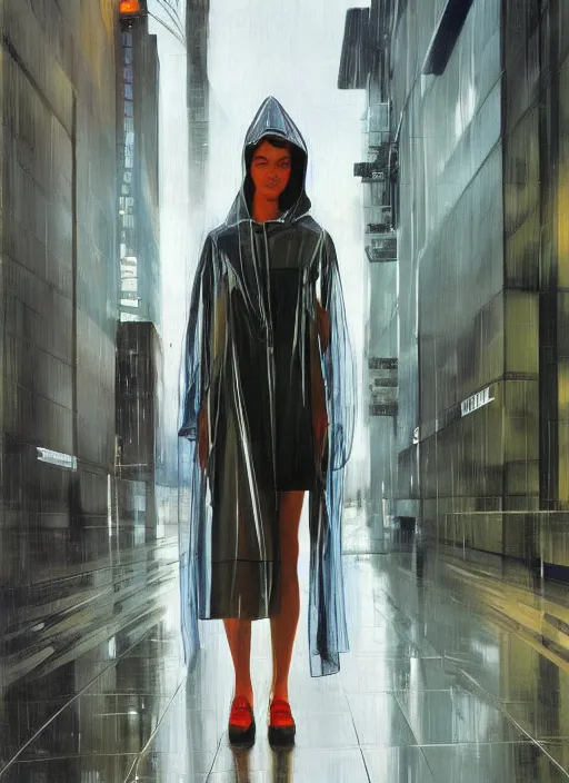 Prompt: a realistic portrait of a beautiful woman wearing a futuristic transparent raincoat with hoodie in a dystopian city, raining, by syd mead