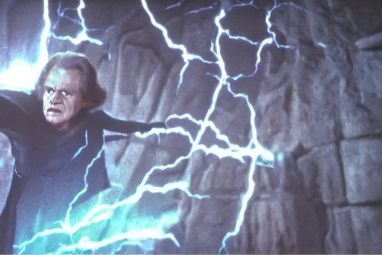 Image similar to (a cinematic still from return of the jedi!!), palpatine force lightning