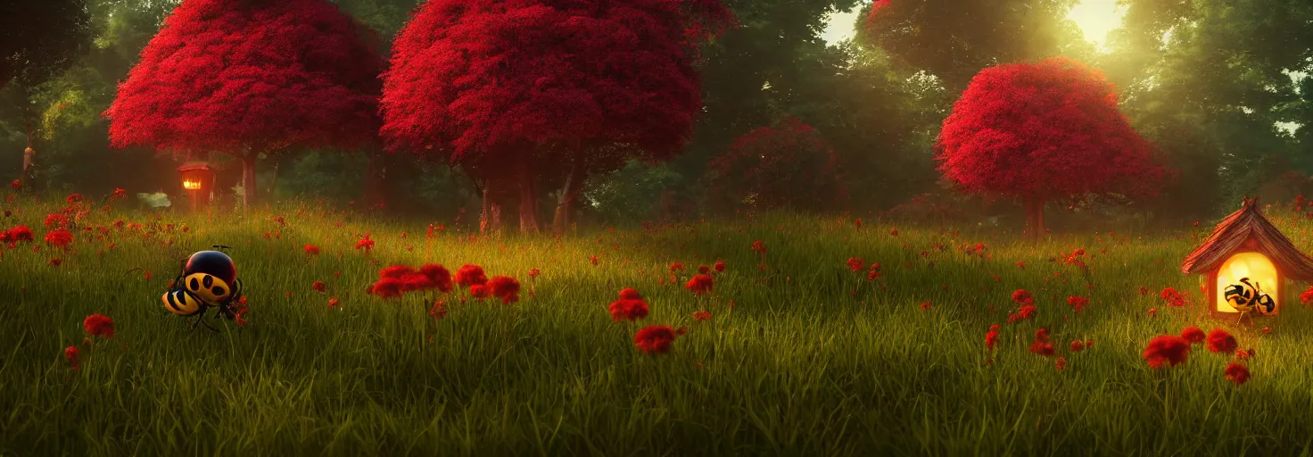 Image similar to stunning glowing crimson beehive with black accents, in a beautiful forest meadow village landscape, flowers, happy trees, photorealistic, octane render, rtx, hdr, unreal engine, digital art widescreen 8 k, studio ghibli, pixar, bee movie, disney