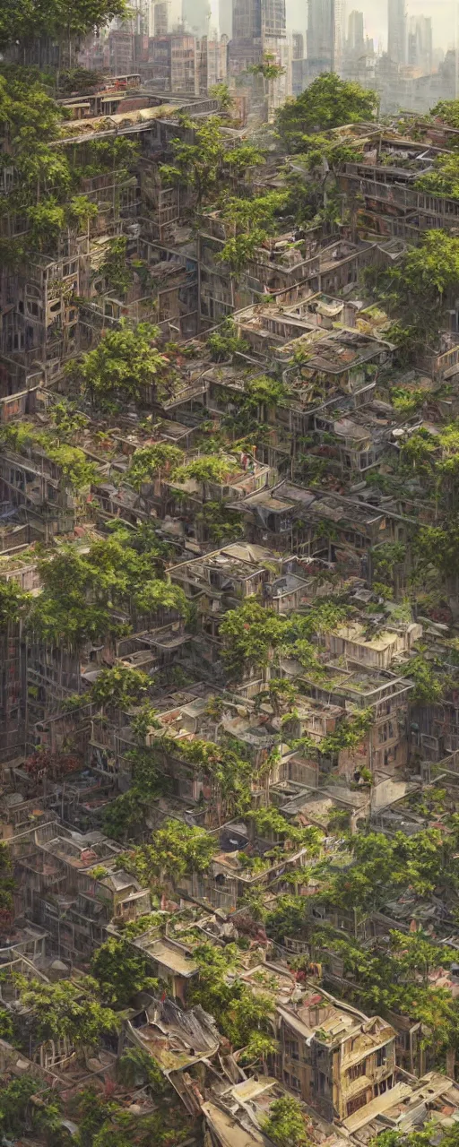 Prompt: a sprawling city landscape in an abandoned east asian country, vines and weeds growing from the apartment buildings, plants sprouting from the concrete, intricate, elegant, highly detailed, digital painting, artstation, concept art, smooth, sharp focus, illustration, art by artgerm and greg rutkowski and alphonse mucha