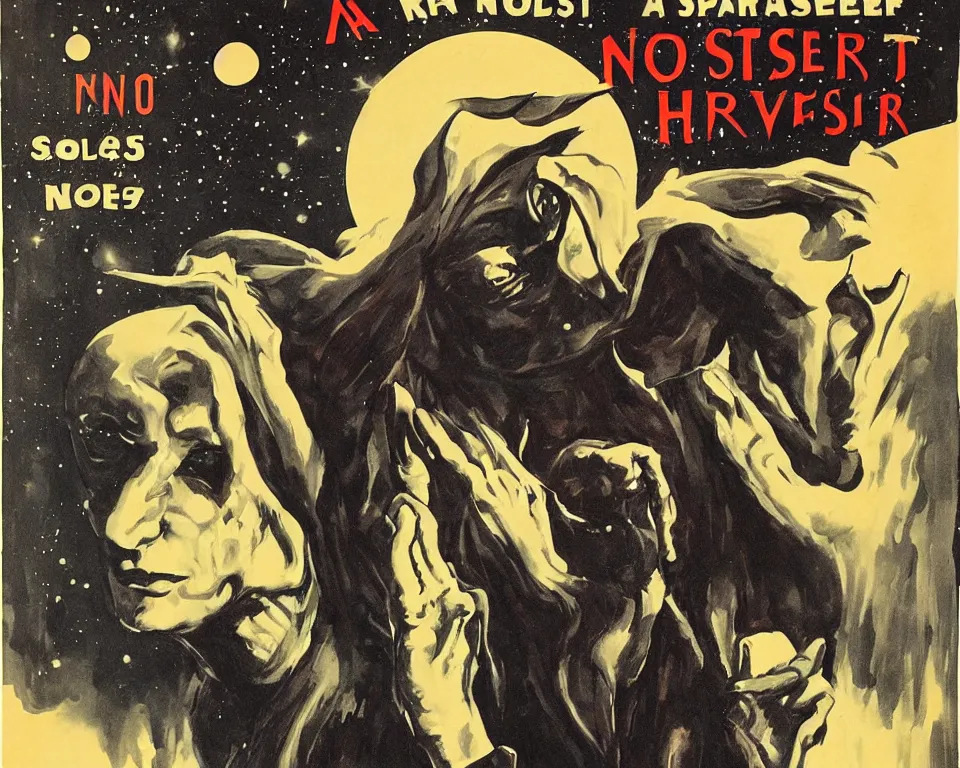 Prompt: a vintage horror movie poster featuring Nosferatu in space