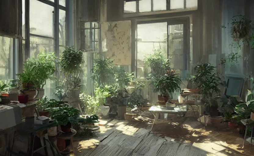 Prompt: a stylish artist studio interior, old wood floors, potted plants, painting by Craig Mullins, octane rendering, soft morning lighting, wide angle lens, low view, in the style of Hayao Miyazaki, trending on artstation,