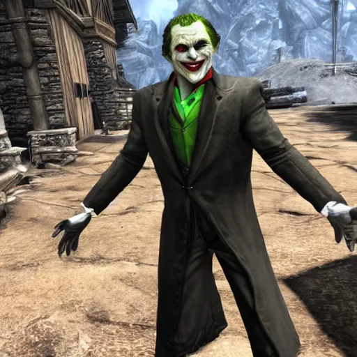 Image similar to the joker as a character on Skyrim videogame