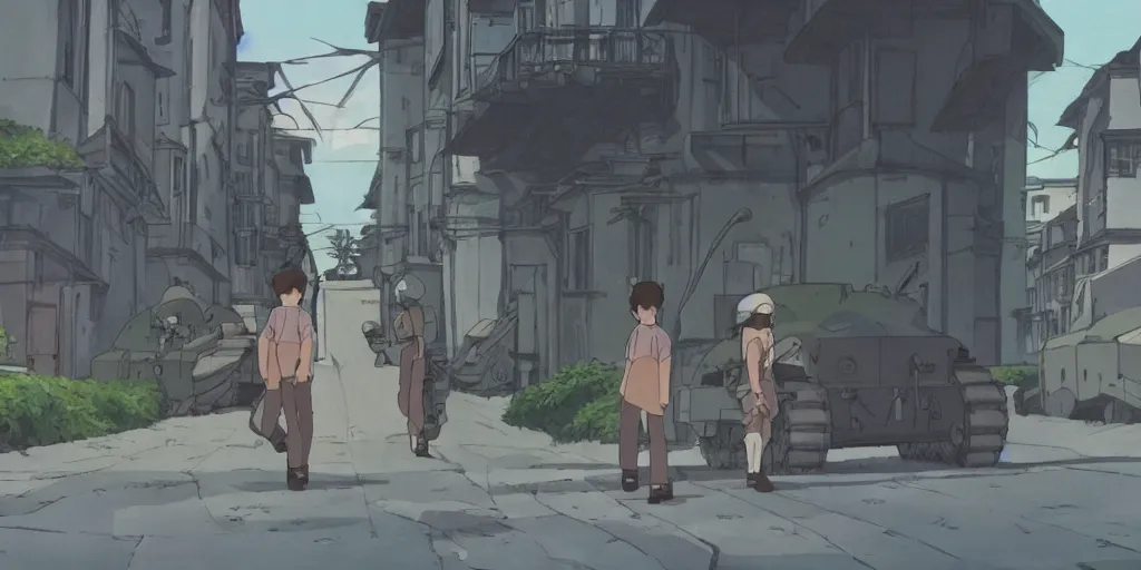 Image similar to wholesome animation studio Ghibli of a young soldier walking near some nazists and tanks in the city of Genova. Sharp bloom dramatic lightning