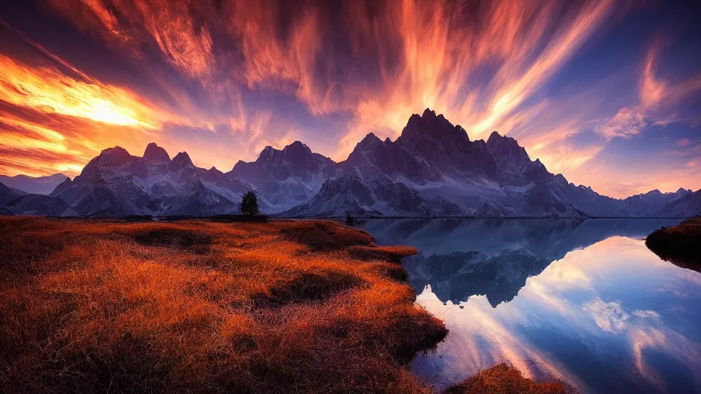 Image similar to amazing landscape photo of mountains with lake in sunset by marc adamus, beautiful dramatic lighting