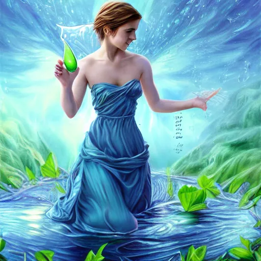 Image similar to a epic mark brooks painting of emma watson as a water fairy holding a raindrop and smiling, 8 k, ultra detailed, lighting, water, big leaves, pond, illustration, trending on art station, digial art by lois van baarle