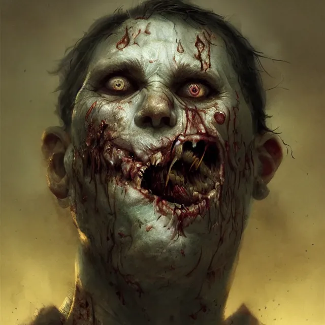 Image similar to hyper realistic photo portrait fat zombie cinematic, greg rutkowski, james gurney, mignola, craig mullins, brom redshift, vray, octane