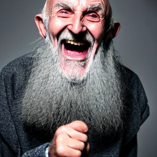 Prompt: a crazy old druid wizard, bald, bushy grey eyebrows, long grey hair, disheveled, wise old man, wearing a grey wizard hat, wearing a purple detailed coat, a bushy grey beard, sorcerer, he is a mad old man, laughing and yelling