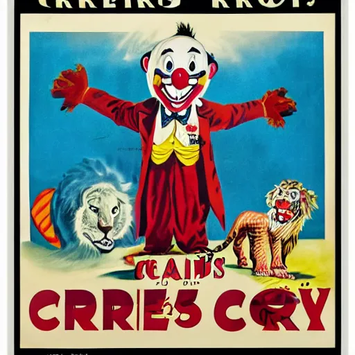 Image similar to poster advertising a circus, printed poster, creepy clown, roaring lion, 1 9 4 0 circus poster