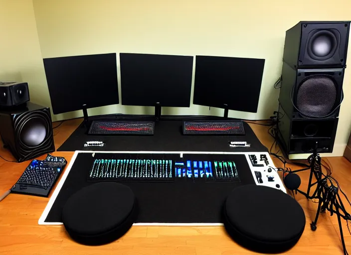 Image similar to moderator stance, sound filter, 6 monitors, pedals, drums, a gaming guitar, controller, 6 consoles, 1 0 computers, bunch of wires, soundpads, speakers, antena, satellite, dog, dog cam, cat cam, cat tree cat this