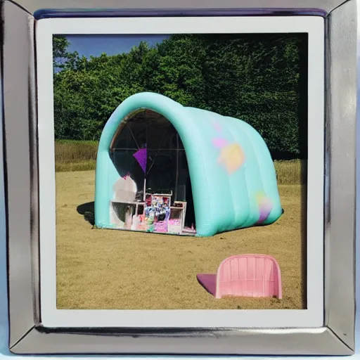 Image similar to a pastel colour high fidelity wide angle Polaroid art photo from a holiday album at a British farm with abstract inflatable parachute furniture, all objects made of transparent iridescent Perspex and metallic silver, no people, iridescence, nostalgic