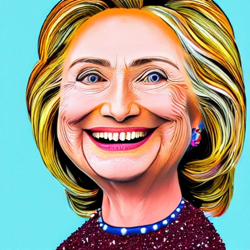 Image similar to portrait of president hillary clinton as a smiling laughing bright orange lizard person with bumpy skin, airbrush painting, hyper detailed, 8 k, photorealism, rule of thirds, glitter.