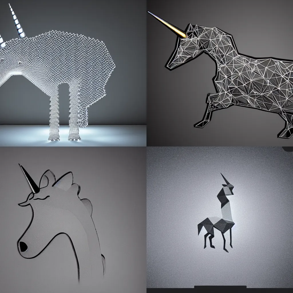 Prompt: photo of a steel unicorn composed by polygons in a dark room