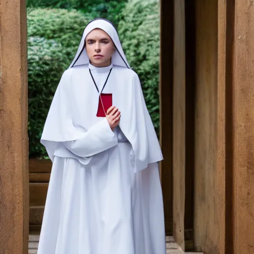 Prompt: A photograph of Ester Exposito dressed as a nun , catholic , high quality, fully detailed, 4k, inspired by handmaid's tale