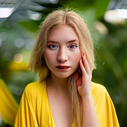 Prompt: head and shoulder portrait medium format photograph of a young blond woman wearing a yellow kimono in a tropical greenhouse. super resolution. 85 mm f1.8 lens.bokeh.graflex.