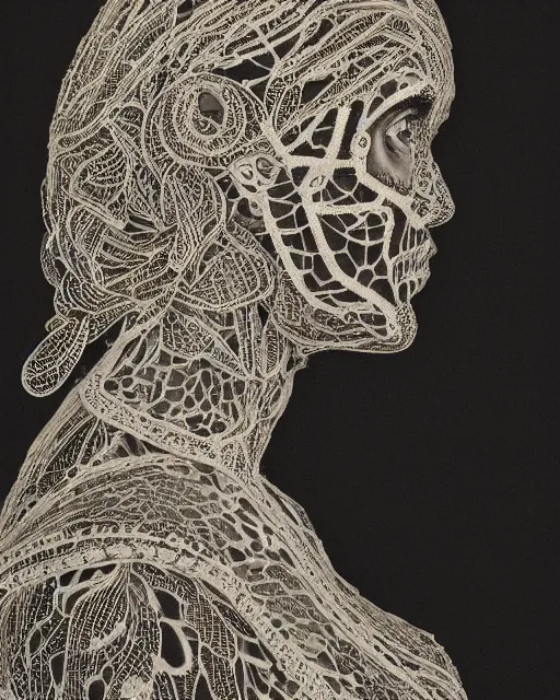 Prompt: a woman's face in profile, made of intricate decorative lace skeleton, in the style of the dutch masters and gregory crewdson, dark and moody