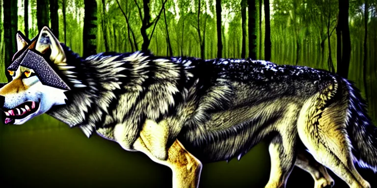 Image similar to chimera made of a wolf and a crocodile, awarded on pixiv, trending on deviantart, headshot, realistic birch wood swamp, professional photoshop utilizing real life photos