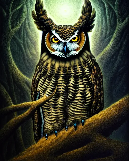 Prompt: an extremely detailed masterpiece surreal painting of a great horned owl in a tree, in the style of brian froud, brian despain, brian bolland, digital art, unreal engine, volumetric lighting, dark moody lighting, trending on artstation, photorealistic, epic scene