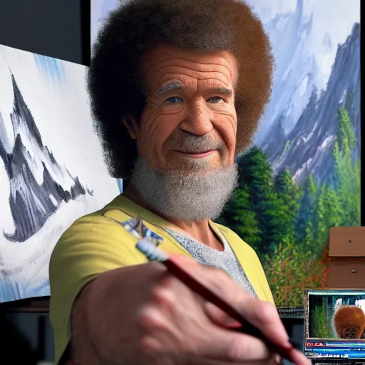 Image similar to a closeup photorealistic photograph of bob ross working on a canvas painting of spiderman. film still. brightly lit scene. mountains and trees. this 4 k hd image is trending on artstation, featured on behance, well - rendered, extra crisp, features intricate detail, epic composition and the style of unreal engine.