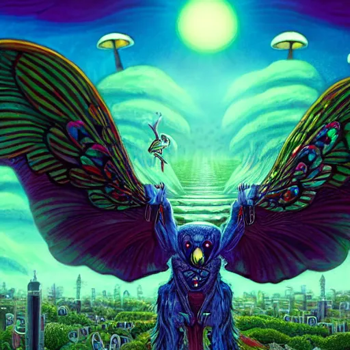 Prompt: A centered chest up portrait of a psychedelic godlike mothman with giant mandala wings smoking a hand-rolled cigarette smoking heavily , magic mushroom village in background , post-processing , award winning. superb resolution. in the art style of junji Ito and greg rutkowski . Detailed Mushroom city in background. Hyper realistic anime. Perfect art. Dalle2