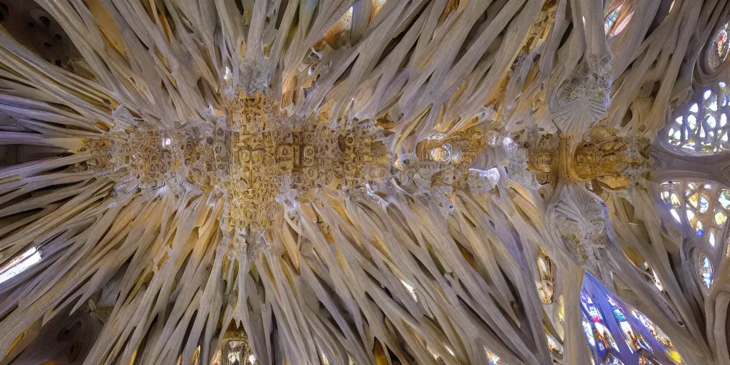 Prompt: sculpted Sagrada Familia ceiling by Antoni Gaudi, symmetrical, volumetric light