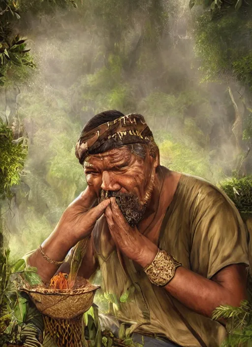 Image similar to a beautiful portrait of an indigenous man sitting in the jungle, surrounded by smoke, smoking a pipe, praying with tobacco, mysterious atmosphere, fantasy art, matte painting, highly detailed